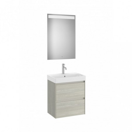 Meuble Ona compact 2 tiroirs + lave-mains en fineceramic + miroir led eidos 550mm chêne blanchi réf A851699512 ROCA