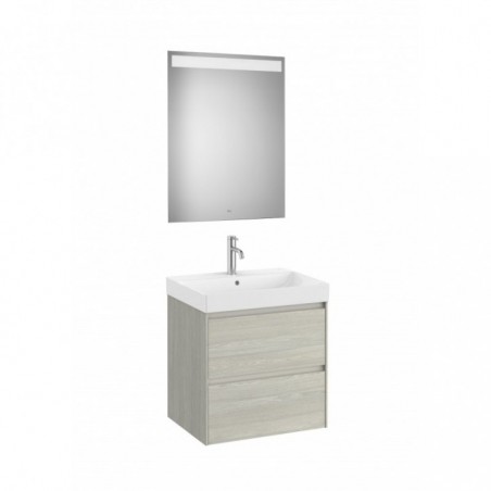Meuble Ona 2 tiroirs + lavabo en fineceramic + miroir led eidos 600mm chêne blanchi réf A851704512 ROCA