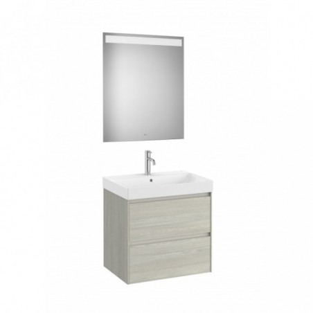 Meuble Ona 2 tiroirs + lavabo en fineceramic + miroir led eidos 650mm chêne blanchi réf A851705512 ROCA