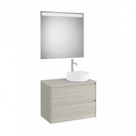 Meuble Ona 2 tiroirs pour vasque à poser droite + miroir led eidos 800 chêne blanchi réf A851715512 ROCA