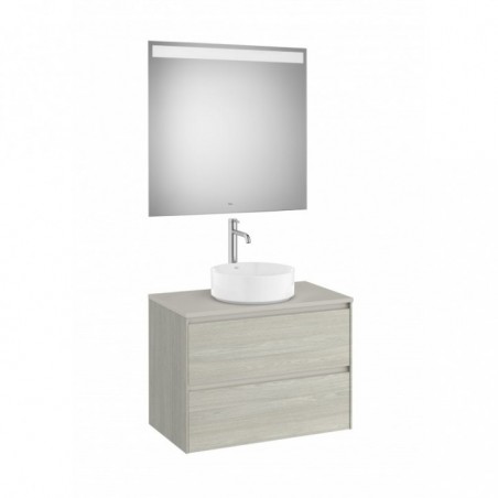 Meuble Ona 2 tiroirs pour vasque à poser + miroir led eidos 800 chêne blanchi réf A851716512 ROCA
