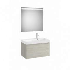Meuble Ona 1 tiroir + lavabo droite en fineceramic + miroir led eidos 800mm chêne blanchi réf A851721512 ROCA