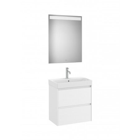 Meuble Ona compact 2 tiroirs + lave-mains en fineceramic + miroir led eidos 600mm blanc mat réf A851700509 ROCA