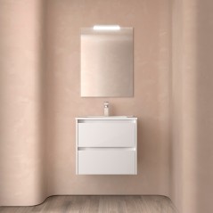 Meuble NOJA blanc brillant 2 tiroirs 60 cm avec vasque, miroir et éclairage LED réf 105372 SALGAR