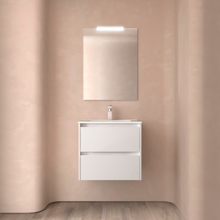 Meuble NOJA blanc mat 2 tiroirs 60 cm avec vasque, miroir et éclairage LED réf 105373 SALGAR