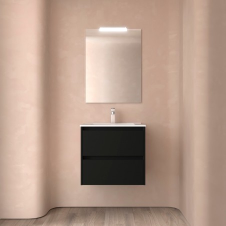Meuble NOJA noir mat 2 tiroirs 60 cm avec vasque, miroir et éclairage LED réf 105374 SALGAR
