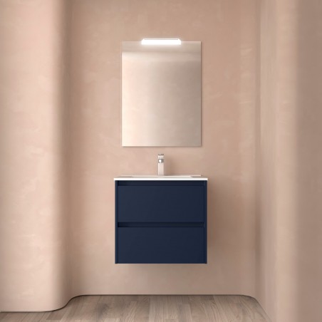 Meuble NOJA bleu mat 2 tiroirs 60 cm avec vasque, miroir et éclairage LED réf 105375 SALGAR
