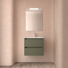 Meuble NOJA vert mat 2 tiroirs 60 cm avec vasque, miroir et éclairage LED réf 105376 SALGAR