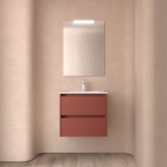 Meuble NOJA rouge mat 2 tiroirs 60 cm avec vasque, miroir et éclairage LED réf 105377 SALGAR