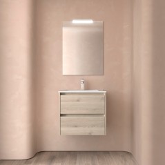 Meuble NOJA chêne naturel 2 tiroirs 60 cm avec vasque, miroir et éclairage LED réf 105378 SALGAR