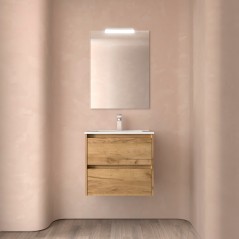 Meuble NOJA chêne africain 2 tiroirs 60 cm avec vasque, miroir et éclairage LED réf 105379 SALGAR
