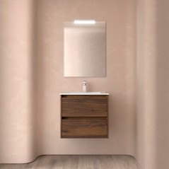Meuble NOJA noyer maya 2 tiroirs 60 cm avec vasque, miroir et éclairage LED réf 105380 SALGAR