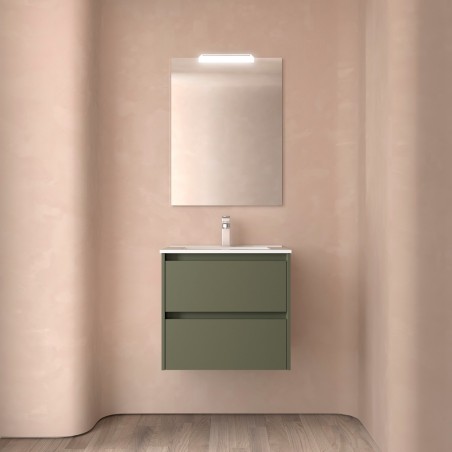 Meuble NOJA vert mat 2 tiroirs 70 cm avec vasque, miroir et éclairage LED réf 105385 SALGAR