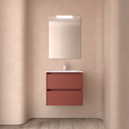 Meuble NOJA rouge mat 2 tiroirs 70 cm avec vasque, miroir et éclairage LED réf 105386 SALGAR